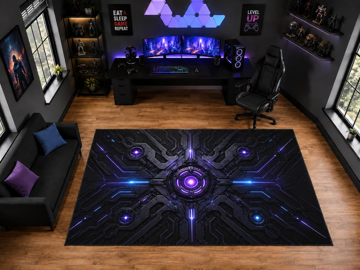 ICE ARMOR "Ultra Light Weight Large 6'7" x 9'10" Futuristic Circuit Core Area Rug for Gaming Room Decor, Soft Low Pile Indoor Rug with Non-Slip Silicone Backing, Black Purple Blue