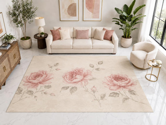 ICE ARMOR "Ultra Light Weight Large 6'7" x 9'10" Pink Peony Blossom Rug, Soft Low Pile Indoor Rug, Non-Slip Silicone Backing for Living Room Pink Cream