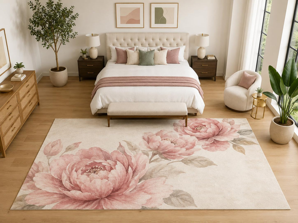 ICE ARMOR "Ultra Light Weight Large 6'7" x 9'10" Peony Corner Floral Rug, Soft Low Pile Indoor Rug, Non-Slip Silicone Backing for Bedroom Blush Pink