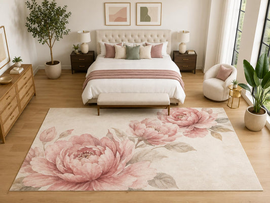 ICE ARMOR "Ultra Light Weight Large 6'7" x 9'10" Peony Corner Floral Rug, Soft Low Pile Indoor Rug, Non-Slip Silicone Backing for Bedroom Blush Pink
