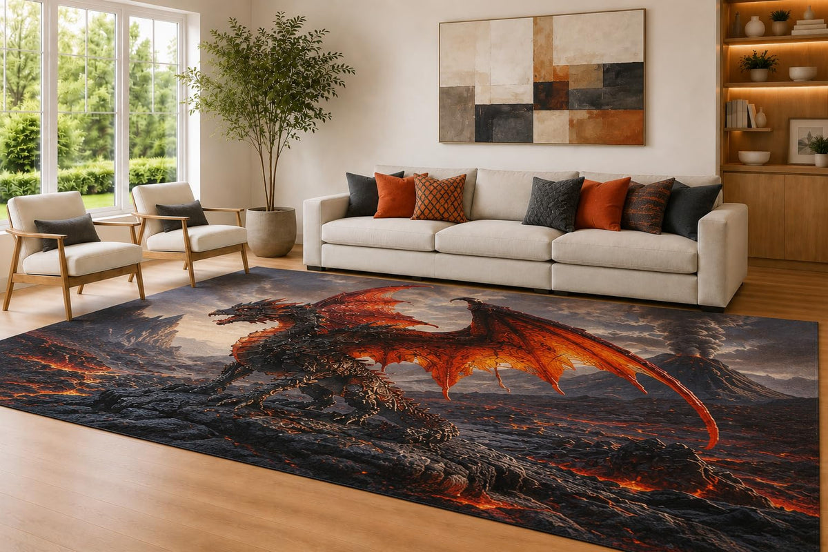 ICE ARMOR Large 6'7" x 9'10" Black and Orange Lava Dragon Area Rug for Living Room, Soft Low Pile Carpet with Non-Slip Silicone Backing, Decor for Bedroom and Home Office