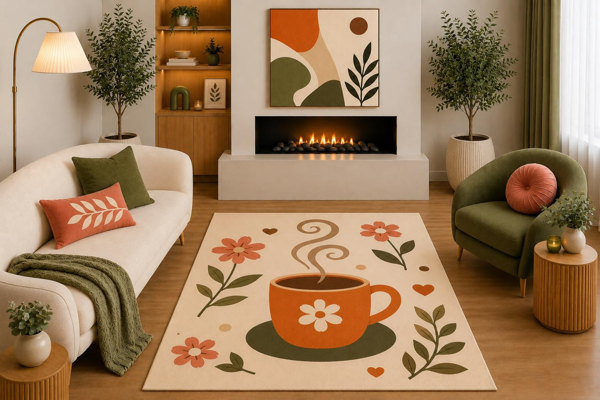 ICE ARMOR "Ultra Light Weight 5' x 7' Boho Floral Coffee Area Rug Orange Olive Beige Coffee Cup Daisy Botanical Design for Kitchen Dining Room Living Room Non-Slip Silicone Backing Low Pile