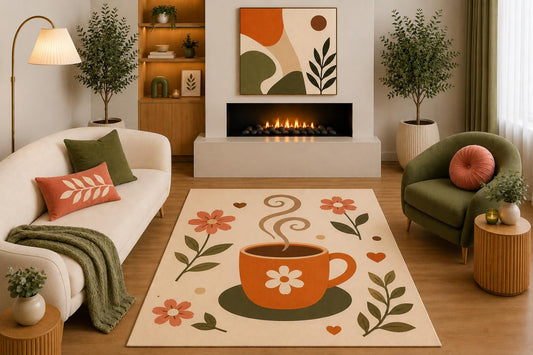 ICE ARMOR "Ultra Light Weight 5' x 7' Boho Floral Coffee Area Rug Orange Olive Beige Coffee Cup Daisy Botanical Design for Kitchen Dining Room Living Room Non-Slip Silicone Backing Low Pile