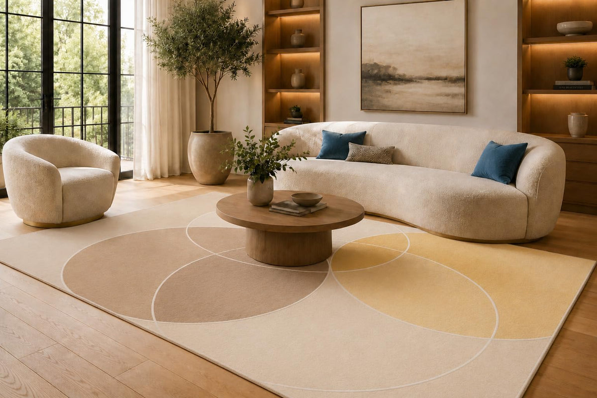 ICE Armor Large 6'7" x 9'10" Beige and Yellow Geometric Ring Pattern Area Rug for Living Room Soft Low Pile Carpet with Non-Slip Silicone Backing, Floor Decor for Bedroom, Dining Area and Home Office