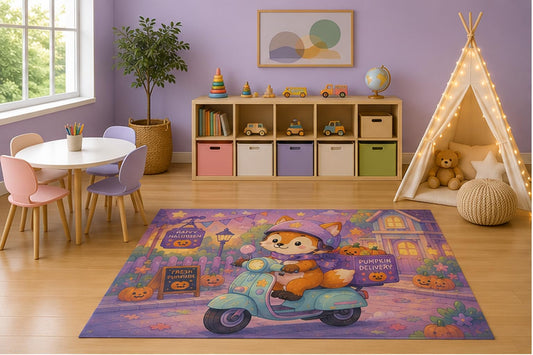 ICE ARMOR 5' x 7' Fox Pumpkin Delivery Kids Area Rug, Cute Kawaii Fox Scooter Halloween Autumn Fantasy Playroom Nursery Bedroom Decor, Non-Slip Silicone Backing Low Pile