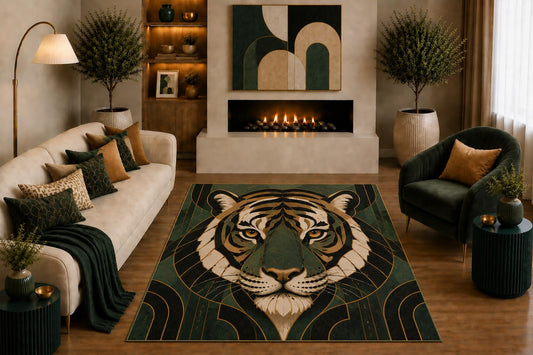 ICE ARMOR "Ultra Light Weight 5' x 7' Geometric Tiger Face Area Rug Art Deco Wildlife Portrait for Living Room Bedroom Office Modern Jungle Decor Non-Slip Silicone Backing Low Pile