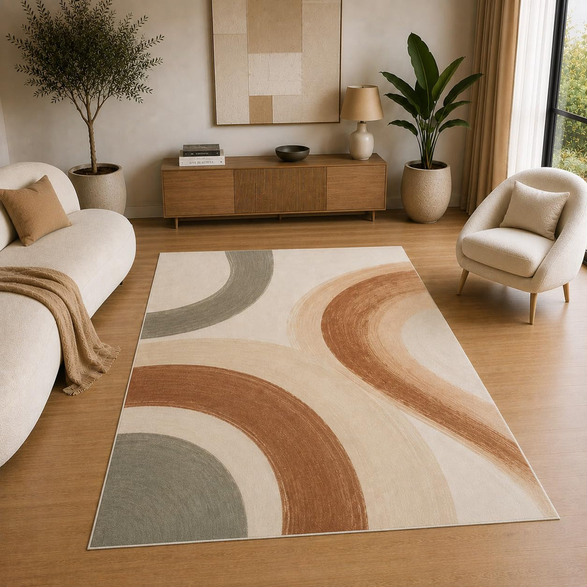 ICE ARMOR 5' x 7' Abstract Brushstroke Curve Area Rug for Living Room, Soft Low Pile Indoor Rug with Non-Slip Silicone Backing, Decorative Carpet for Bedroom, Office, Family Room, Brown