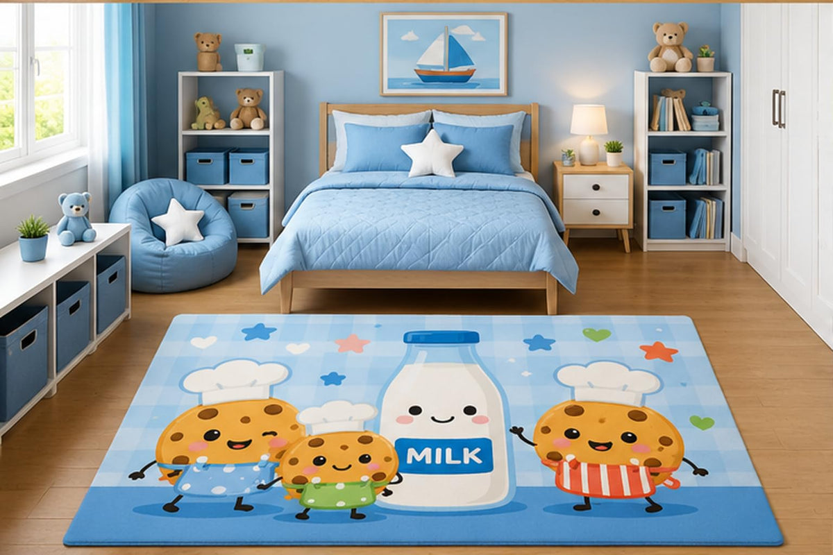 ICE ARMOR 5' x 7' Cute Cookies and Milk Area Rug for Kids Bedroom Nursery Playroom Scandinavian Minimalist Kawaii Food Theme Decor Non-Slip Silicone Backing Low Pile