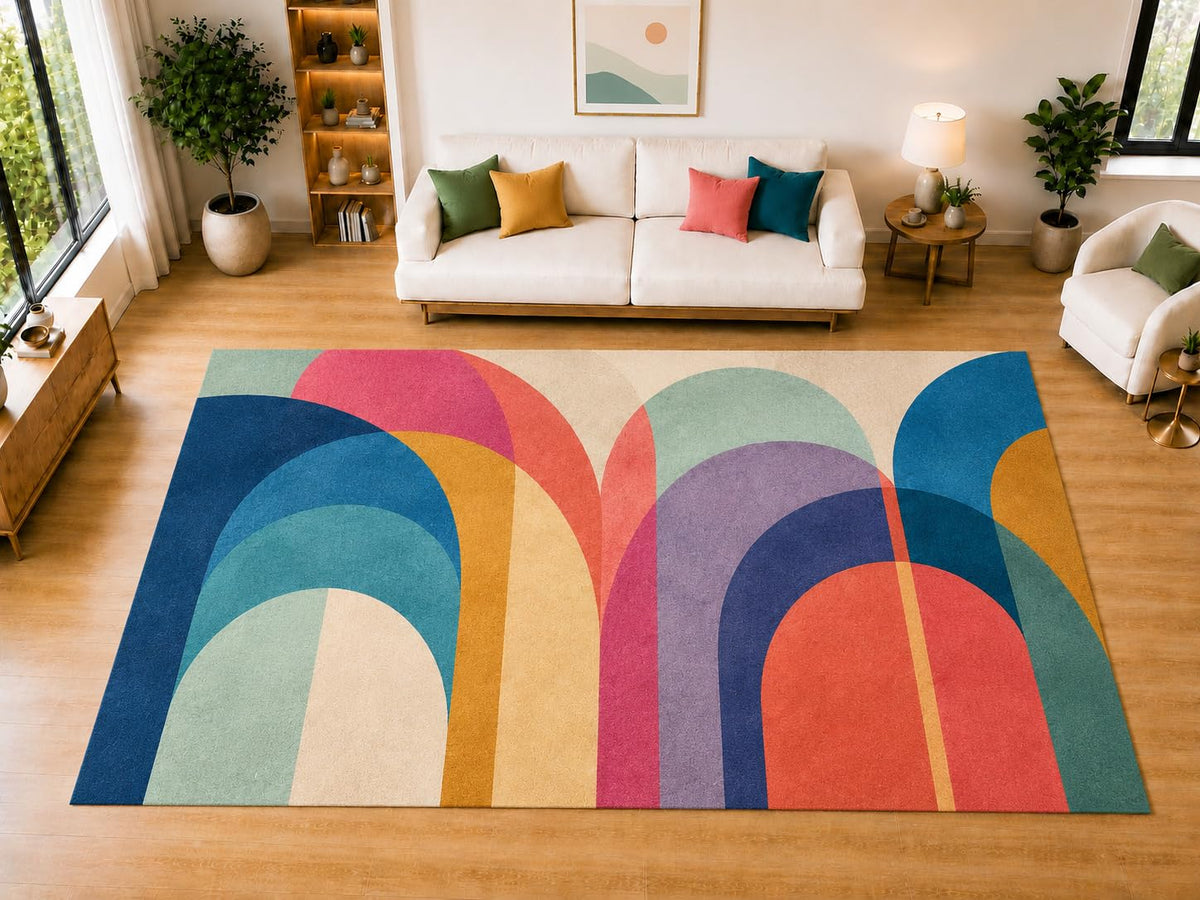 ICE ARMOR "Ultra Light Weight Large 6'7 x 9'10 Retro Rainbow Arch Area Rug for Living Room, Dining Room, and Bedroom, Soft Low Pile Indoor Rug, Modern Floor Decor