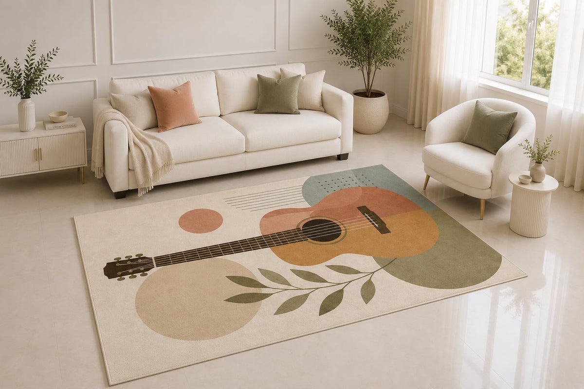 ICE ARMOR 5' x 7' Acoustic Guitar Area Rug, Modern Music Instrument Abstract Botanical Design for Living Room Studio Bedroom Decor, Non-Slip Silicone Backing Low Pile