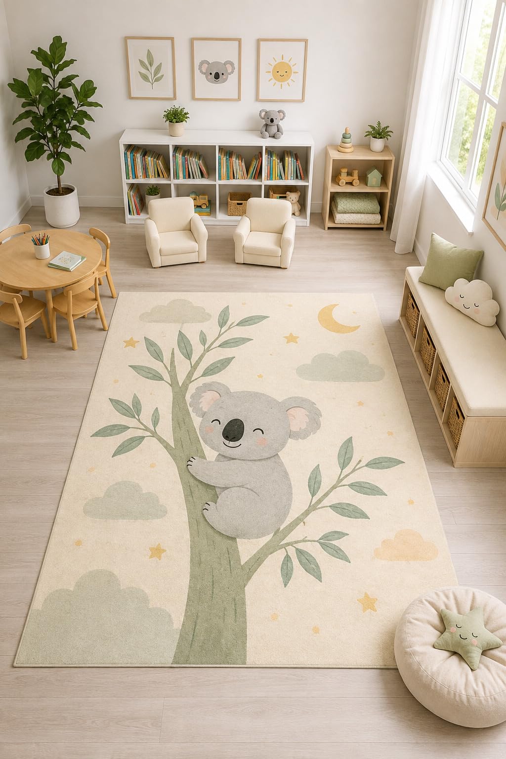 ICE ARMOR "Ultra Light Weight Large 6'7" x 9'10" Koala Tree Moon Rug, Soft Low Pile Indoor Rug, Non-Slip Silicone Backing Nursery Kids Cream