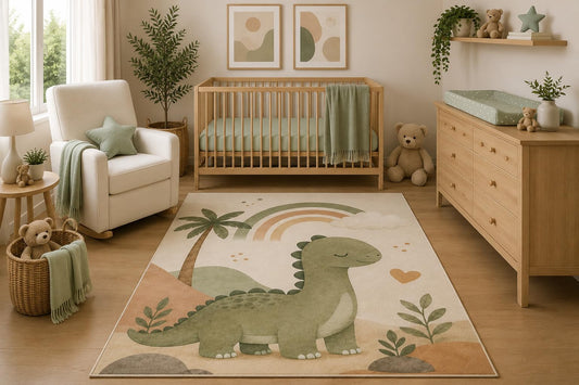 ICE ARMOR 5' x 7' Cute Dinosaur Area Rug, Boho Watercolor Dino Rainbow Nursery Kids Bedroom Playroom Decor, Non-Slip Silicone Backing Low Pile Carpet