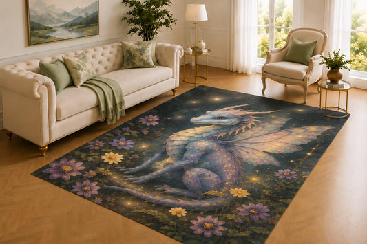 ICE ARMOR 5' x 7' Celestial White Dragon Area Rug for Living Room,Soft Low Pile Indoor Rug with Non-Slip Silicone Backing,Decorative Carpet for Bedroom,Dining Room,Office,Blue