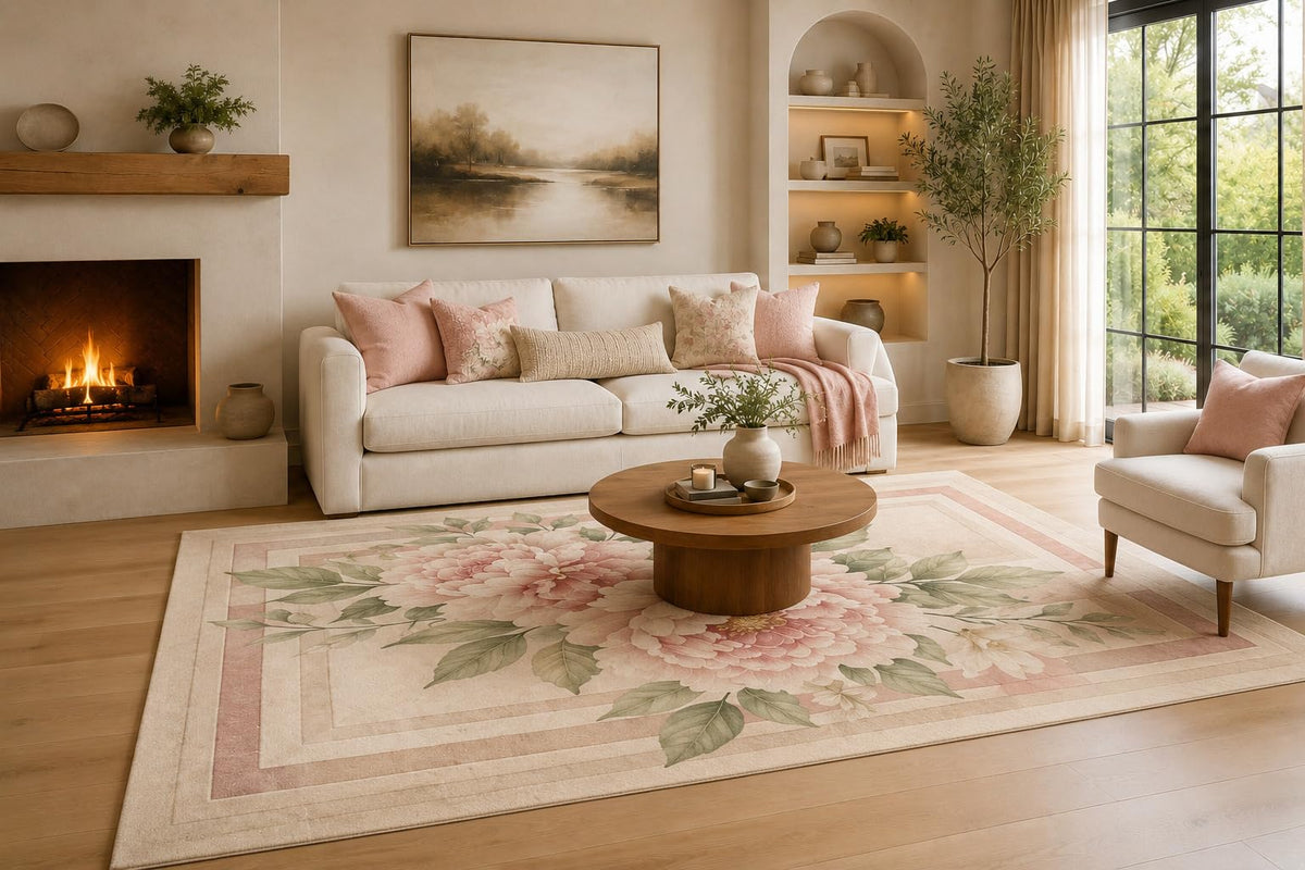 CE Armor Large 6'7" x 9'10" Blush Pink and Sage Green Romantic Peony Border Area Rug for Living Room, Soft Low Pile Carpet with Non-Slip Silicone Backing, Decor for Bedroom and Home Office