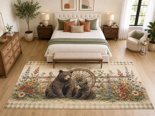 ICE ARMOR "Ultra Light Weight Large 6'7" x 9'10" Bear Wagon Wheel Area Rug, Soft Low Pile Indoor Rug, Non-Slip Silicone Backing, Bedroom, Beige