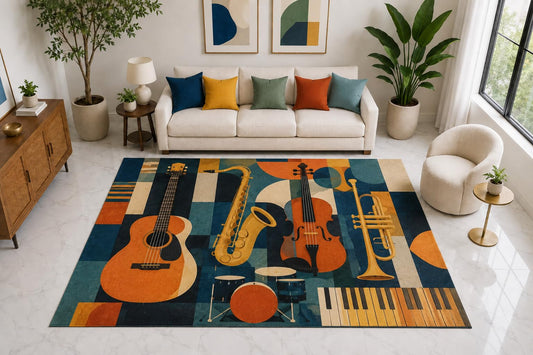 ICE ARMOR "Ultra Light Weight Large 6'7" x 9'10" Music Instrument Set Rug, Soft Low Pile Indoor Rug, Non-Slip Silicone Backing for Living Room Teal