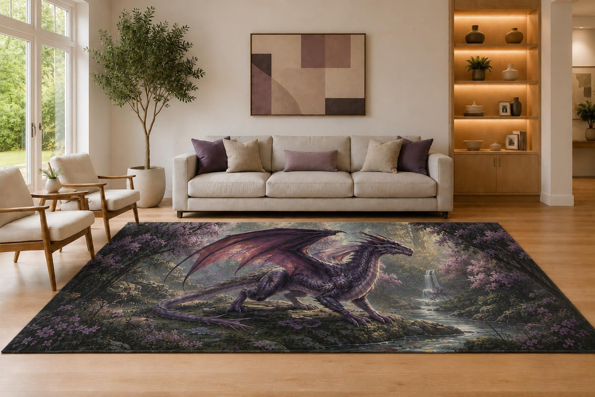 ICE ARMOR Large 6'7" x 9'10" Purple and Gray Floral Dragon Area Rug for Living Room, Soft Low Pile Carpet with Non-Slip Silicone Backing, Decor for Bedroom Dining Room and Home Office