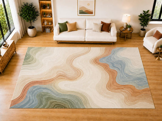 ICE ARMOR "Ultra Light Weight Large 6'7 x 9'10 Neutral Contour Wave Lines Area Rug for Living Room, Dining Room, and Bedroom, Soft Low Pile Indoor Rug, Minimal Floor Decor