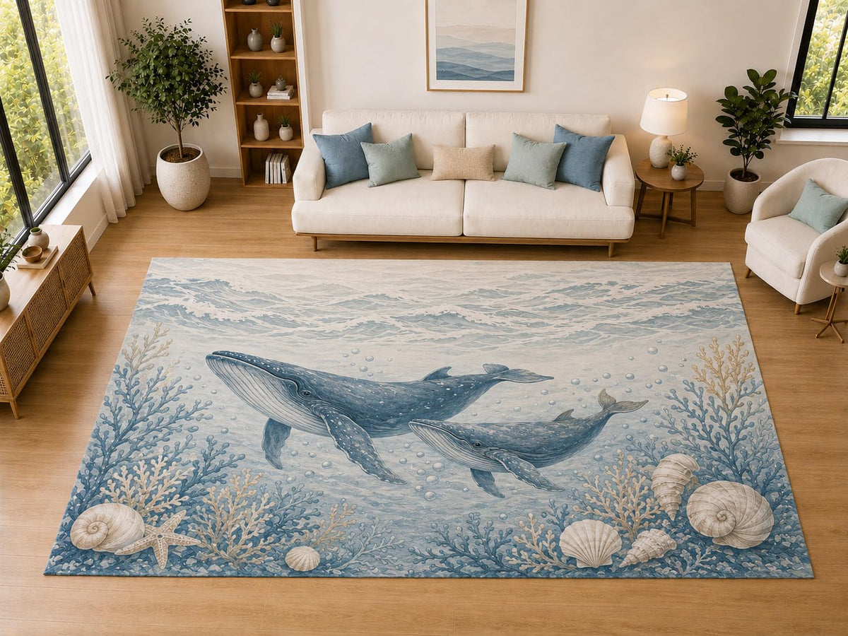 ICE ARMOR "Ultra Light Weight Large 6'7" x 9'10" Whale Family Coral Reef, Living Room, Bedroom, Dining Room, Office, Family Room, Soft Low Pile Indoor Rug, Non-Slip Silicone Backing, Blue
