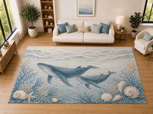 ICE ARMOR "Ultra Light Weight Large 6'7" x 9'10" Whale Family Coral Reef, Living Room, Bedroom, Dining Room, Office, Family Room, Soft Low Pile Indoor Rug, Non-Slip Silicone Backing, Blue