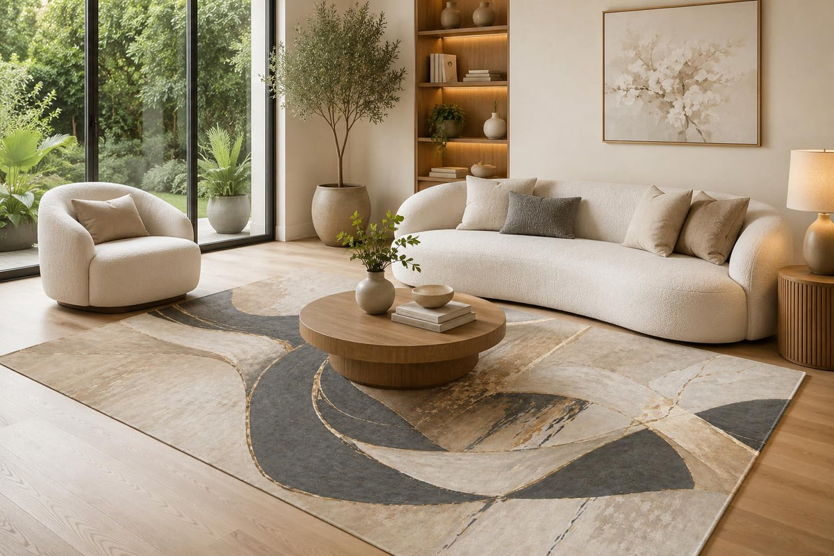 ICE ARMOR 6'7" x 9'10" Gray, Cream and Beige Layered Stone Waves Area Rug for Living Room, Soft Low Pile Carpet with Non-Slip Backing for Bedroom, Dining Room and Home Office