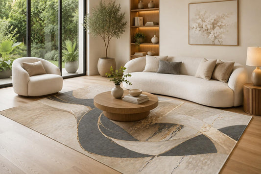 ICE ARMOR 6'7" x 9'10" Gray, Cream and Beige Layered Stone Waves Area Rug for Living Room, Soft Low Pile Carpet with Non-Slip Backing for Bedroom, Dining Room and Home Office