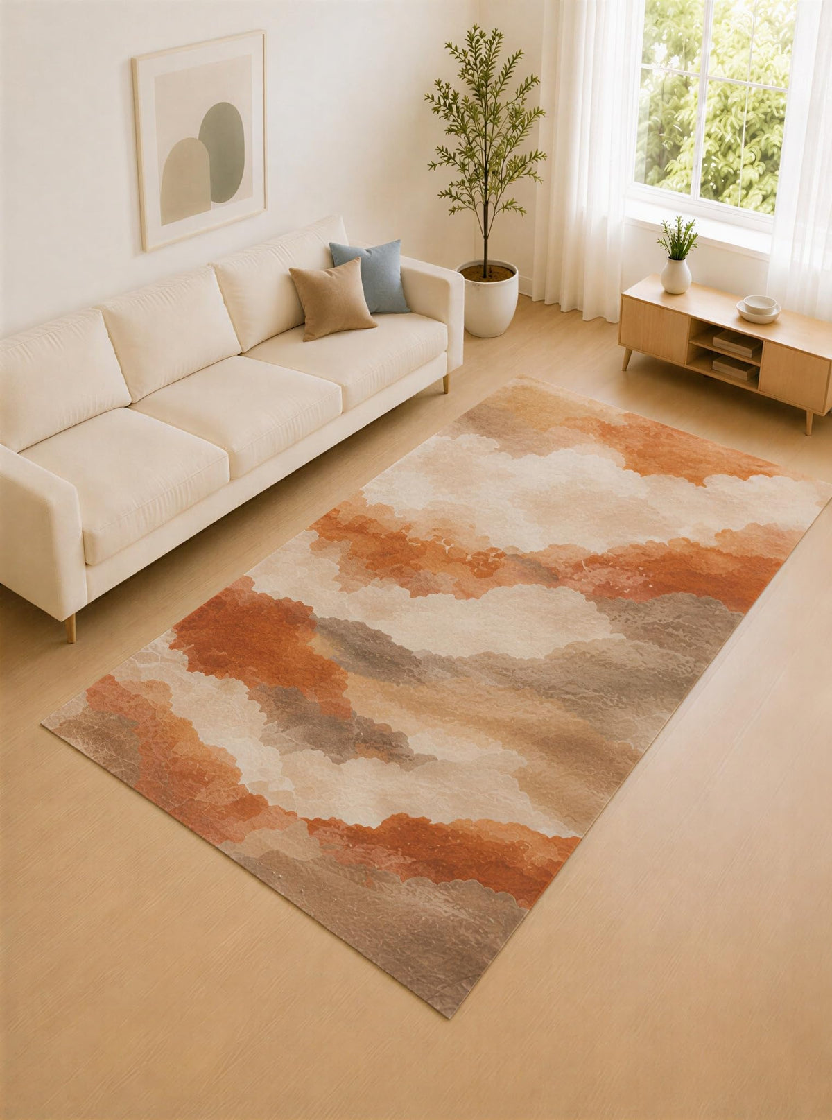 ICE ARMOR Large 6'7" x 9'10" Terracotta and Beige Desert Clouds Area Rug for Living Room, Soft Low Pile Carpet with Non-Slip Silicone Backing, Decor for Bedroom and Home Office