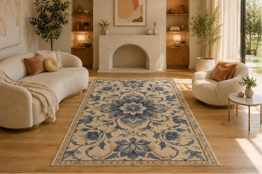 ICE ARMOR 5' x 7' Vintage Blue Floral Medallion Area Rug, Soft Low Pile Non-Slip Indoor Carpet for Living Room, Bedroom, Office, Dining Room and Traditional Home Decor, Blue