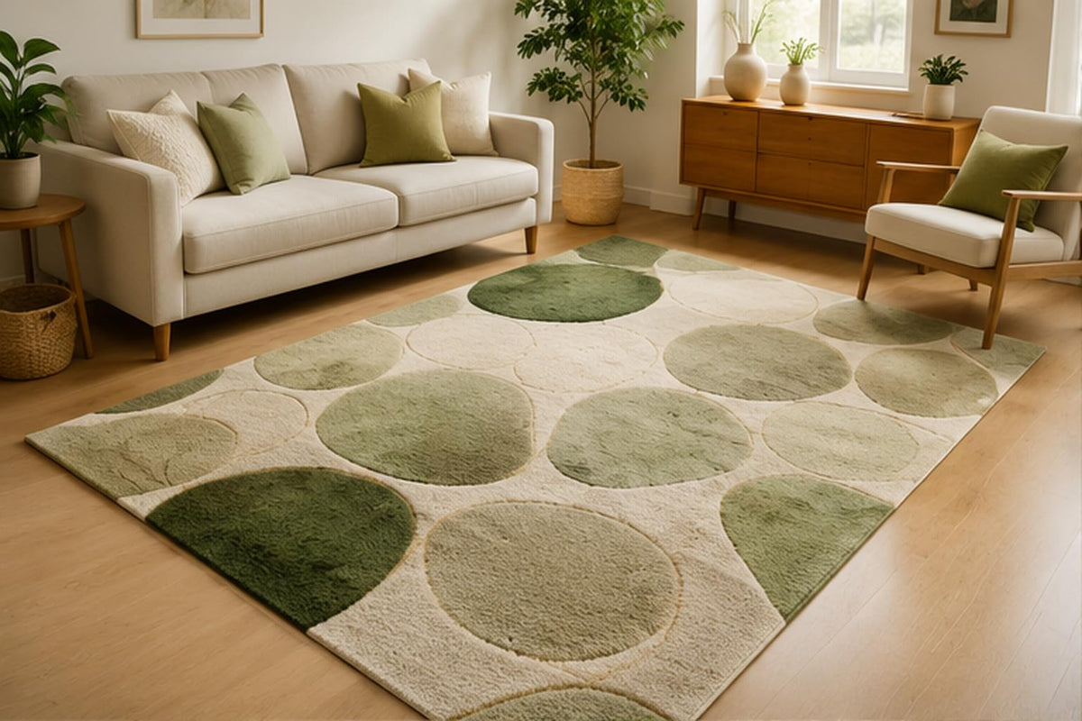 ICE ARMOR 5' x 7' Minimal Circle Pattern Area Rug for Living Room, Soft Low Pile Indoor Rug with Non-Slip Silicone Backing, Modern Geometric Carpet for Bedroom, Office, Family Room, Sage Green Ivory