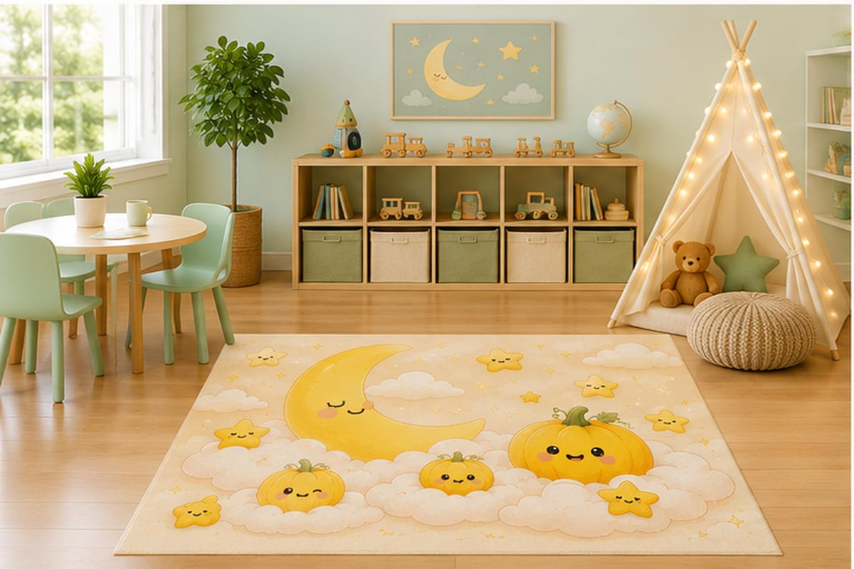 ICE ARMOR 5' x 7' Moon and Pumpkin Clouds Kids Area Rug, Cute Crescent Moon Smiling Pumpkins Stars Kawaii Cartoon Playroom Nursery Bedroom Decor, Non-Slip Silicone Backing Low Pile