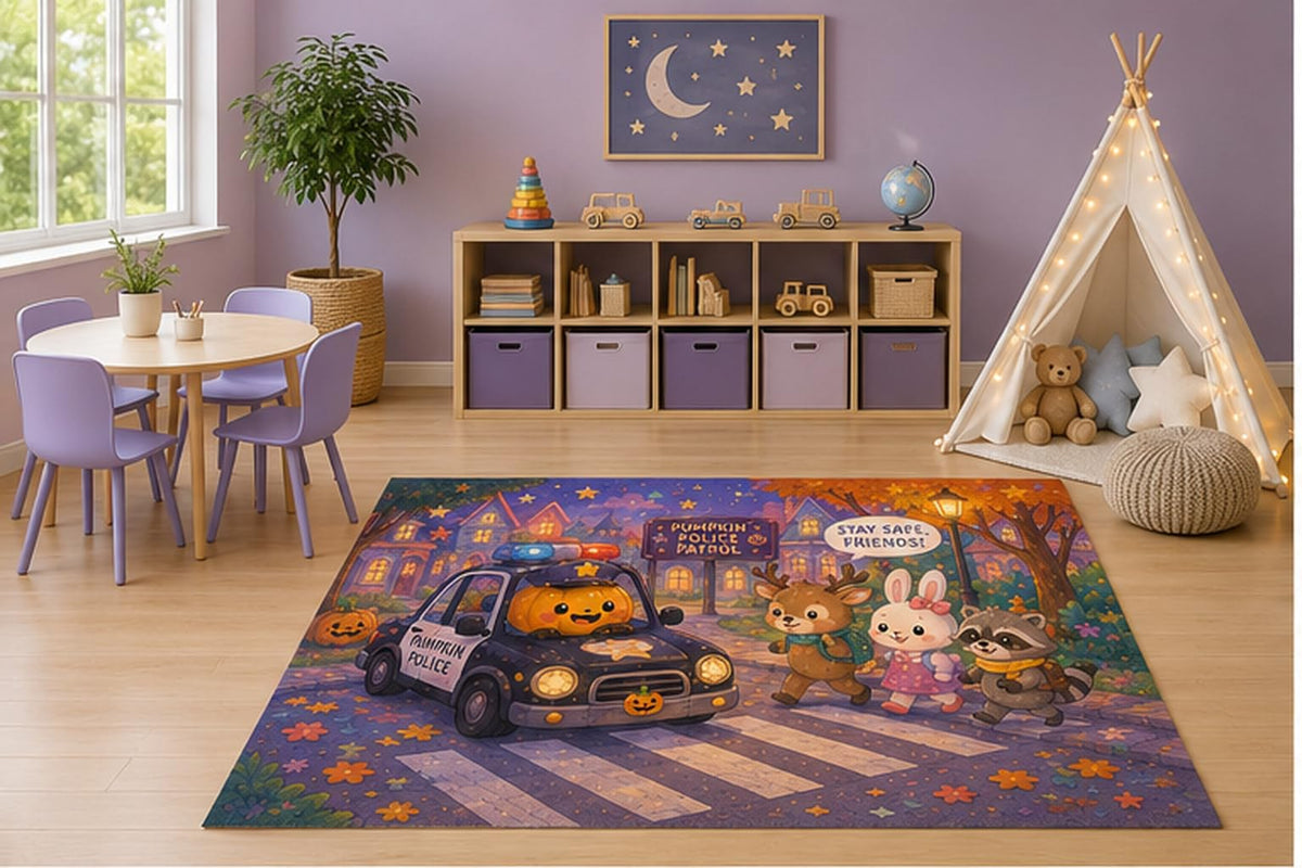 ICE ARMOR 5' x 7' Pumpkin Police Patrol Kids Area Rug, Cute Halloween Police Car Bunny Deer Raccoon Autumn Cartoon Playroom Nursery Bedroom Decor, Non-Slip Silicone Backing Low Pile