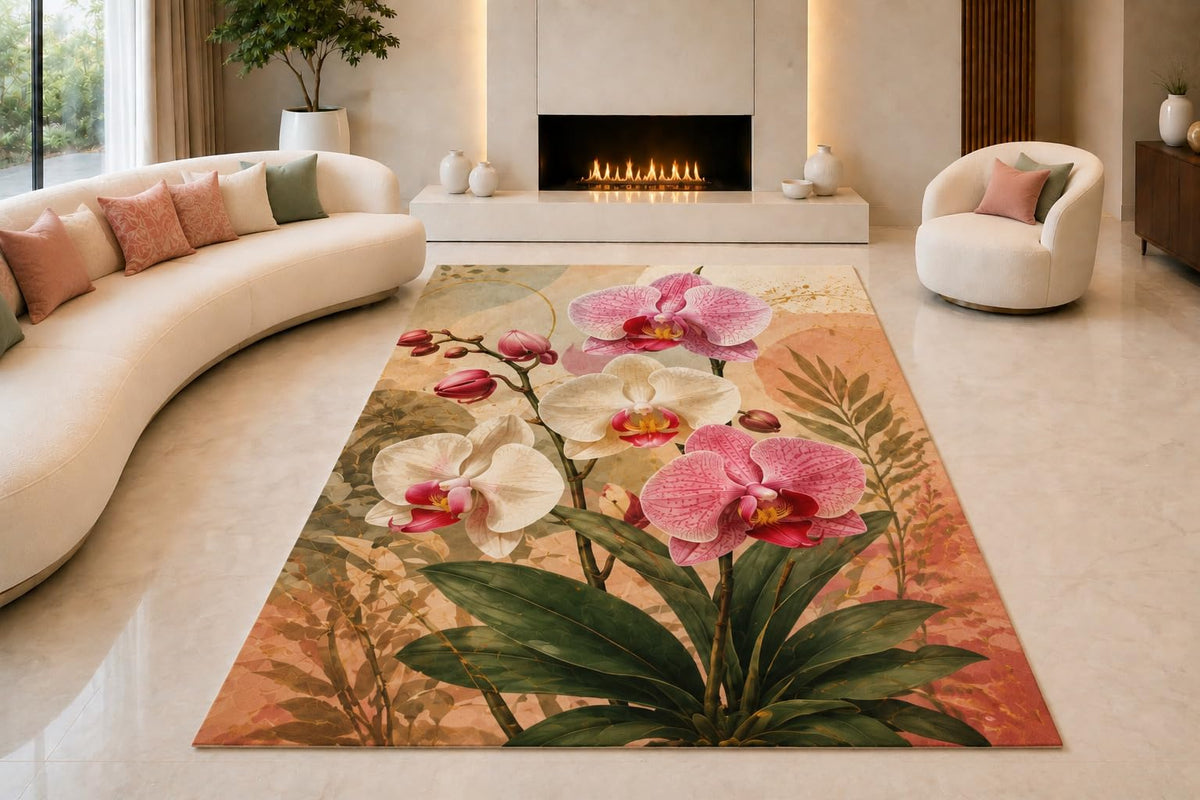 ICE ARMOR "Ultra Lightweight Large 6'7" x 9'10" Orchid Collage Area Rug for Living Room, Bedroom and Home Office, Soft Low Pile Carpet with Non-Slip Silicone Backing, Pink and Green