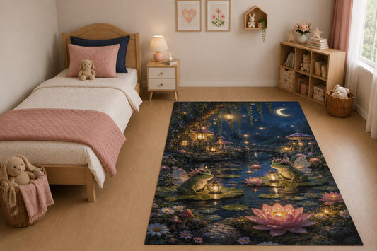 ICE ARMOR "Ultra Light Weight 5' x 7' Fairy Frog Pond Area Rug for Living Room, Bedroom and Home Office, Soft Low Pile Carpet with Non-Slip Silicone Backing, Navy Blue and Pink