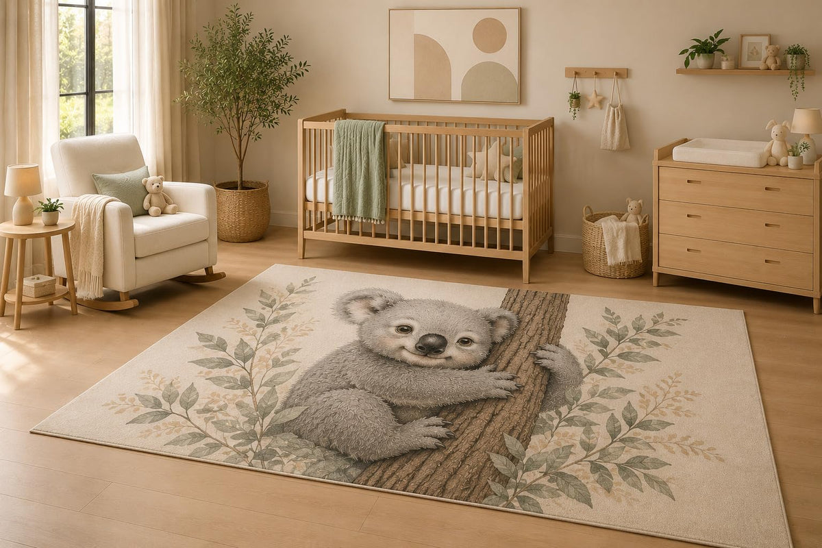 ICE ARMOR 5' x 7' Cute Koala Tree Area Rug, Soft Low Pile Indoor Rug with Non-Slip Silicone Backing, Woodland Animal Carpet for Nursery, Kids Room, Playroom, Bedroom, Kids and Pets, Beige Gray