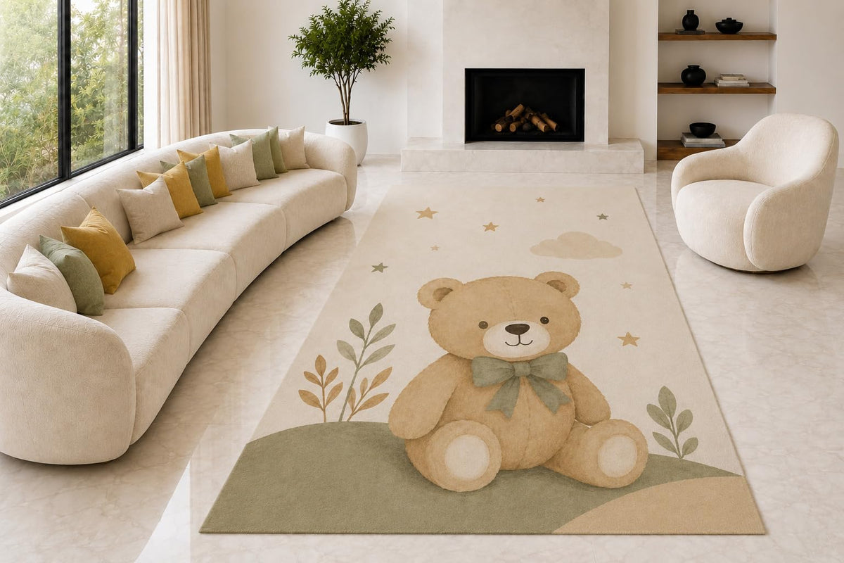 ICE ARMOR "Ultra Lightweight Large 6'7" x 9'10" Nursery Teddy Bear Area Rug for Living Room, Bedroom and Home Office, Soft Low Pile Carpet with Non-Slip Silicone Backing, Beige and Brown