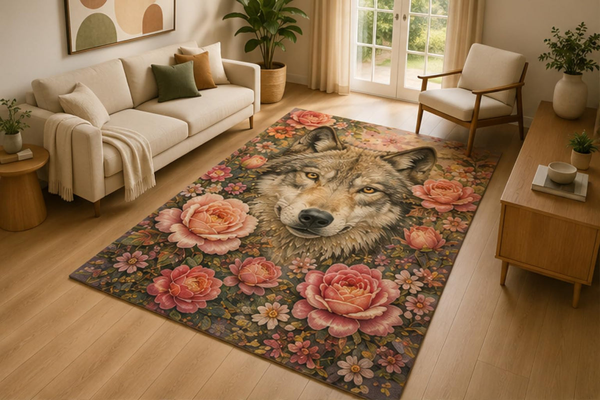 ICE ARMOR 5' x 7' Wolf Rose Garden Area Rug for Living Room, Soft Low Pile Indoor Rug with Non-Slip Silicone Backing, Woodland Floral Decor for Bedroom, Office, Family Room, Gray Pink