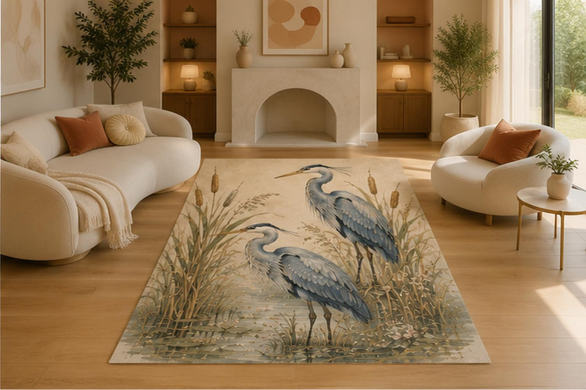 ICE ARMOR 5' x 7' Blue Heron Marsh Area Rug, Soft Low Pile Non-Slip Indoor Carpet for Living Room, Bedroom, Office, Lake House, Entryway and Coastal Nature Home Decor, Blue