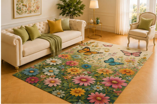 ICE ARMOR 5' x 7' Butterfly Meadow Rug, Colorful Wings Above Daisies and Garden Blooms, Cheerful Floor Decor for Bedroom, Nursery, Sunroom or Creative Space