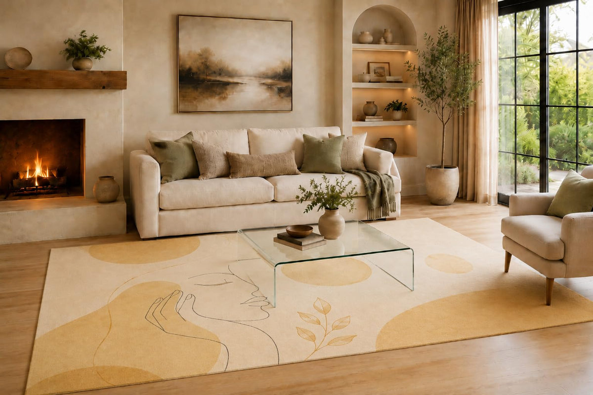 ICE ARMOR Large 6'7" x 9'10" Mustard and Cream Graceful Woman Outline Area Rug for Living Room, Soft Low Pile Carpet with Non-Slip Backing for Bedroom, Dining Room and Office