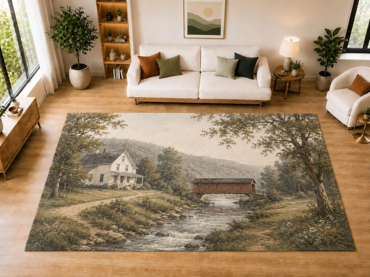 ICE ARMOR "Ultra Light Weight Large 6'7" x 9'10" Covered Bridge Area Rug for Dining, Living Room, Bedroom, Soft Low Pile Indoor Rug with Non-Slip Silicone Backing, Beige Green