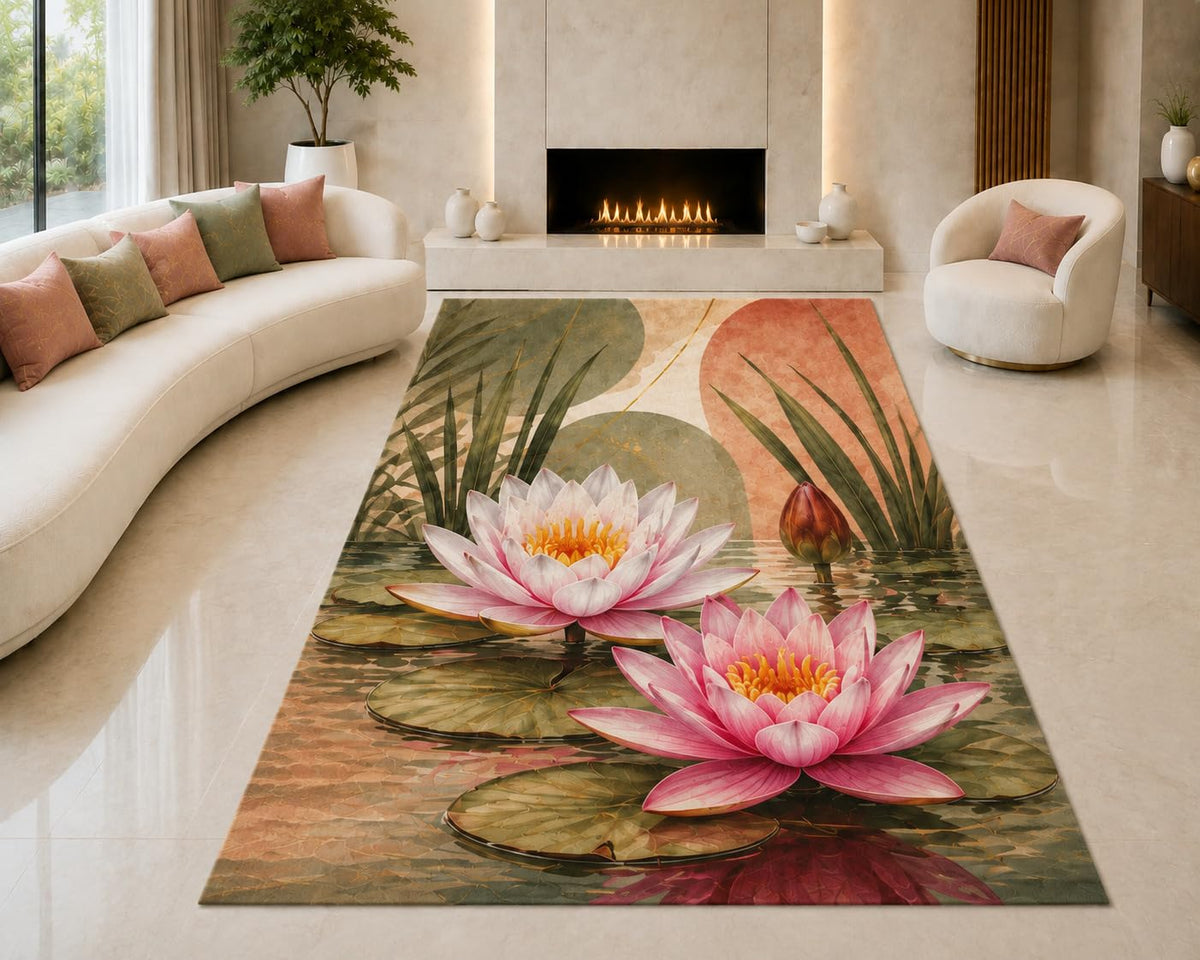 ICE ARMOR "Ultra Lightweight Large 6'7" x 9'10" Lotus Lily Pond Area Rug for Living Room, Bedroom and Home Office, Soft Low Pile Carpet with Non-Slip Silicone Backing, Pink and Green