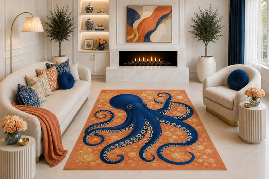 ICE ARMOR "Ultra Light Weight 5' x 7' Navy Blue Octopus Area Rug, Orange Coastal Ocean Sea Life Art for Living Room Bedroom Beach House Decor, Non-Slip Silicone Backing Low Pile