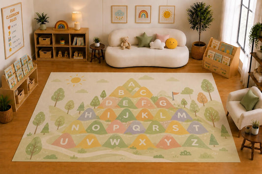 ICE ARMOR Large 6'7" x 9'10" Alphabet Mountain Learning Area Rug for for Kids Room, Classroom, Bedroom, Playroom Decor, Soft Low Pile Indoor Rug with Non-Slip Silicone Backing, Pastel Multicolor