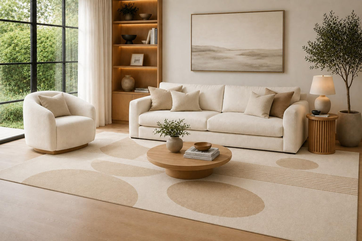ICE ARMOR Large 6'7" x 9'10" Beige and Ivory Minimal Abstract Pebbles Area Rug for Living Room, Soft Low Pile Carpet with Non-Slip Silicone Backing, Decor for Bedroom and Home Office