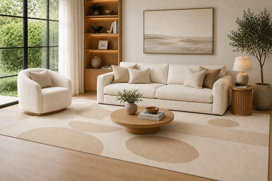 ICE ARMOR Large 6'7" x 9'10" Beige and Ivory Minimal Abstract Pebbles Area Rug for Living Room, Soft Low Pile Carpet with Non-Slip Silicone Backing, Decor for Bedroom and Home Office