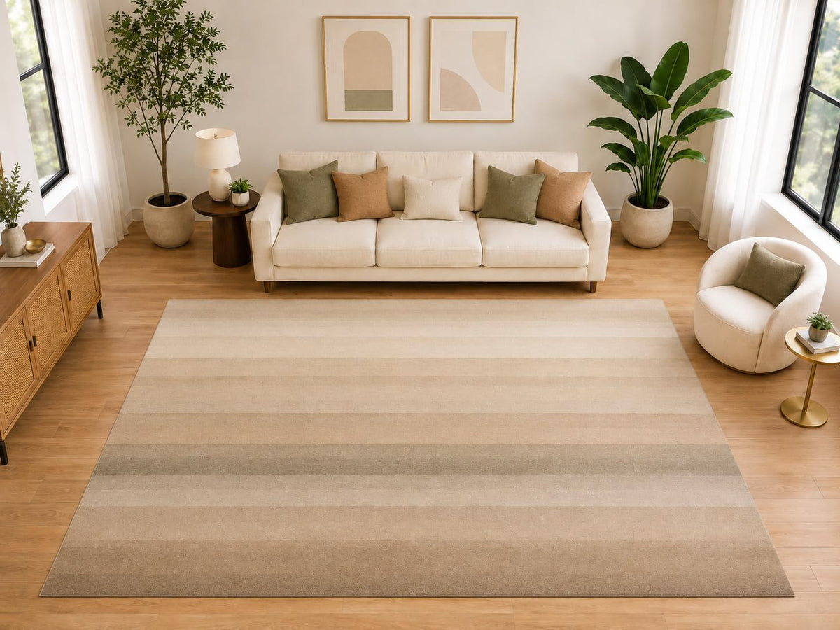 ICE ARMOR "Ultra Light Weight Large 6'7" x 9'10" Neutral Stripe Area Rug for Living Room and Dining Room, Soft Low Pile Indoor Rug and Non-Slip Silicone Backing, Beige