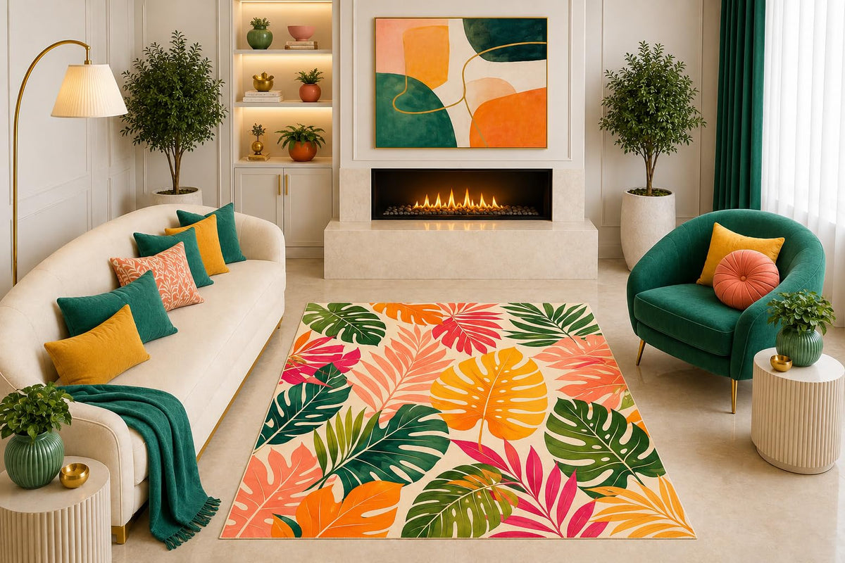 ICE ARMOR "Ultra Light Weight 5' x 7' Colorful Tropical Leaf Area Rug Monstera Palm Botanical Art for Living Room Bedroom Dining Room Sunroom Non-Slip Silicone Backing Low Pile