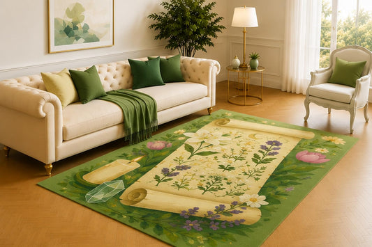 ICE ARMOR 5' x 7' Herbal Scroll Rug, Vintage Botanical Parchment with Candle, Crystal and Lavender on Sage Green, Charming Decor for Library, Bedroom or Hallway