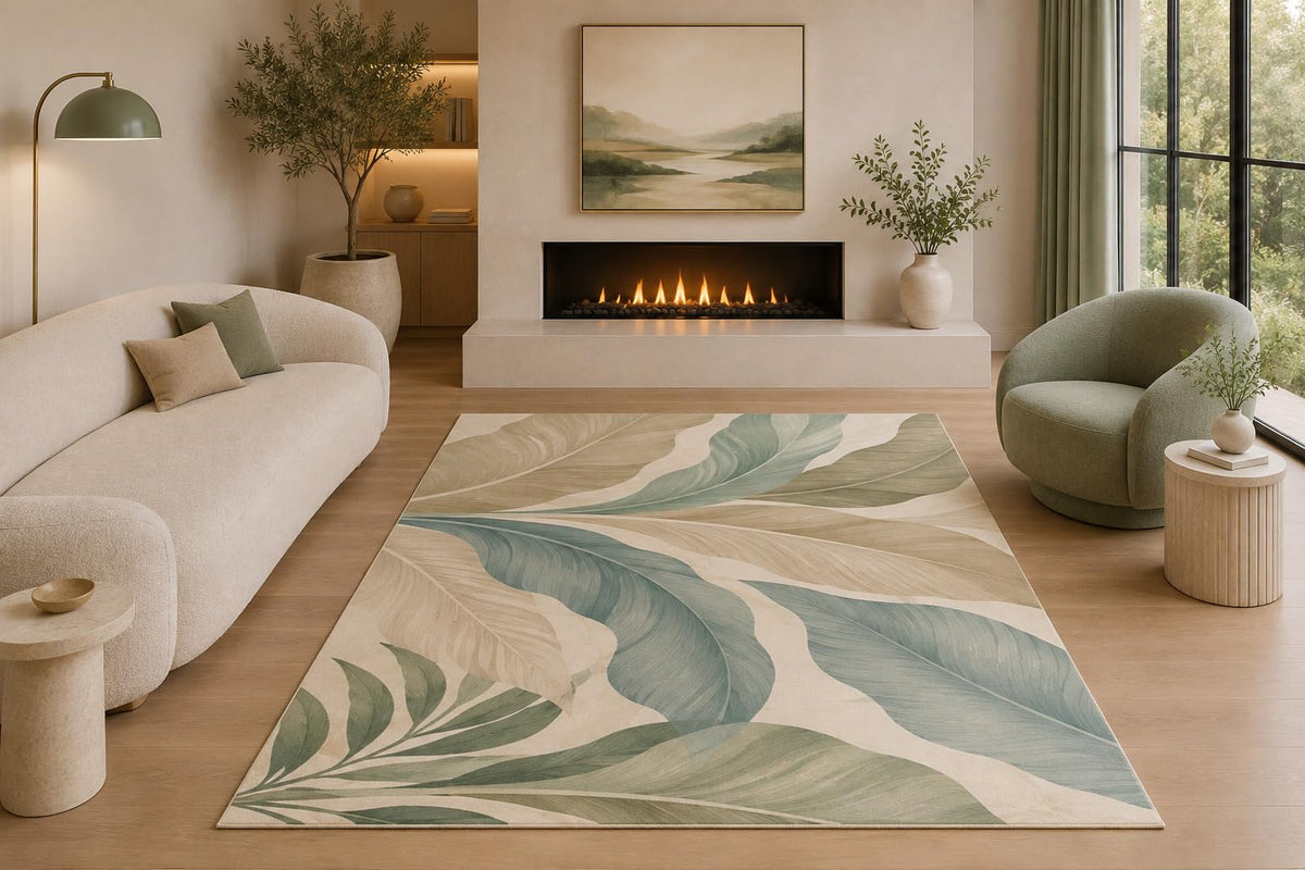 ICE ARMOR 5' x 7' Tropical Botanical Leaf Area Rug Coastal Palm Banana Leaf Nature Living Room Bedroom Dining Room Decor Non-Slip Silicone Backing Low Pile