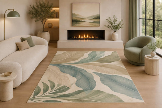 ICE ARMOR 5' x 7' Tropical Botanical Leaf Area Rug Coastal Palm Banana Leaf Nature Living Room Bedroom Dining Room Decor Non-Slip Silicone Backing Low Pile